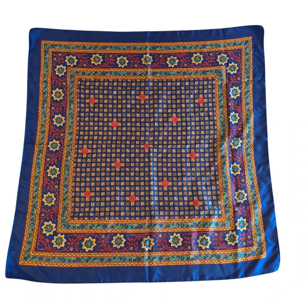 Vintage Paris Accessories Satin Scarf Navy Blue Floral Geometric Made in Italy